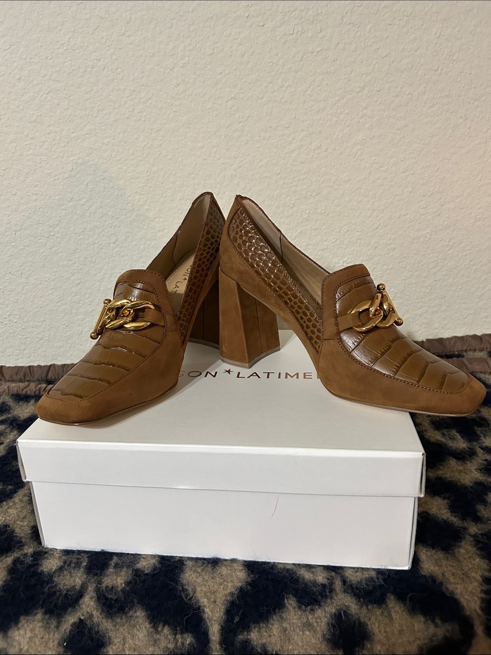 Gibson Latimer Tan Quilted Block Heel Loafer with Gold Chain